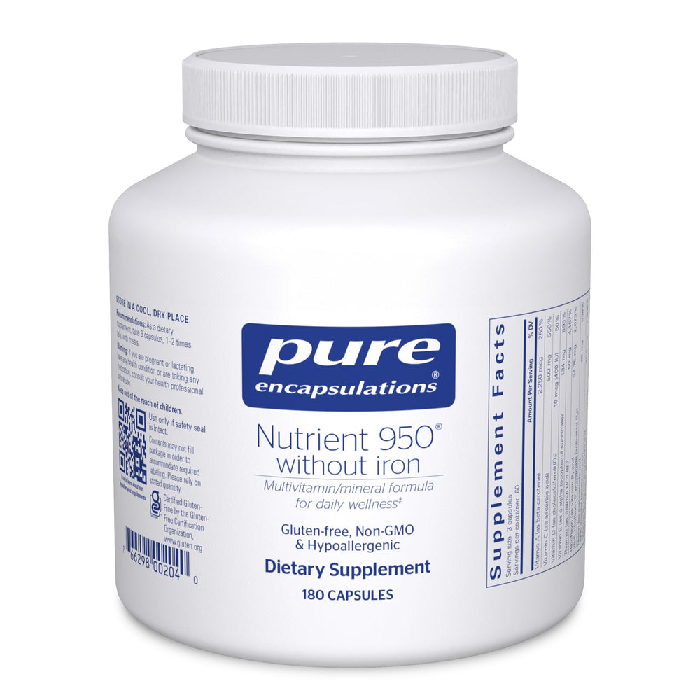 Pure Encapsulations Nutrient 950 Without Iron bottle label showing allergen-free formula