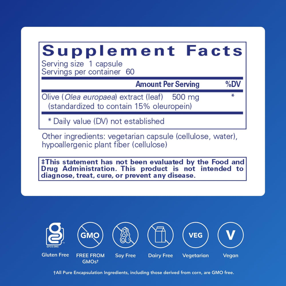 Pure Encapsulations Olive Leaf Extract label close-up promises clean ingredients