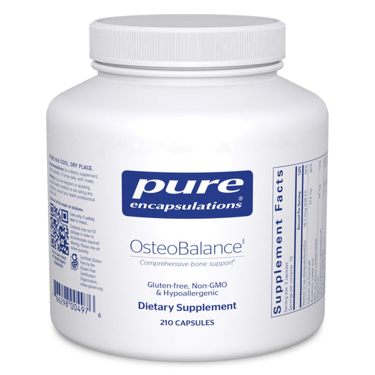 Pure Encapsulations OsteoBalance bottle label highlights calcium-focused formula benefits