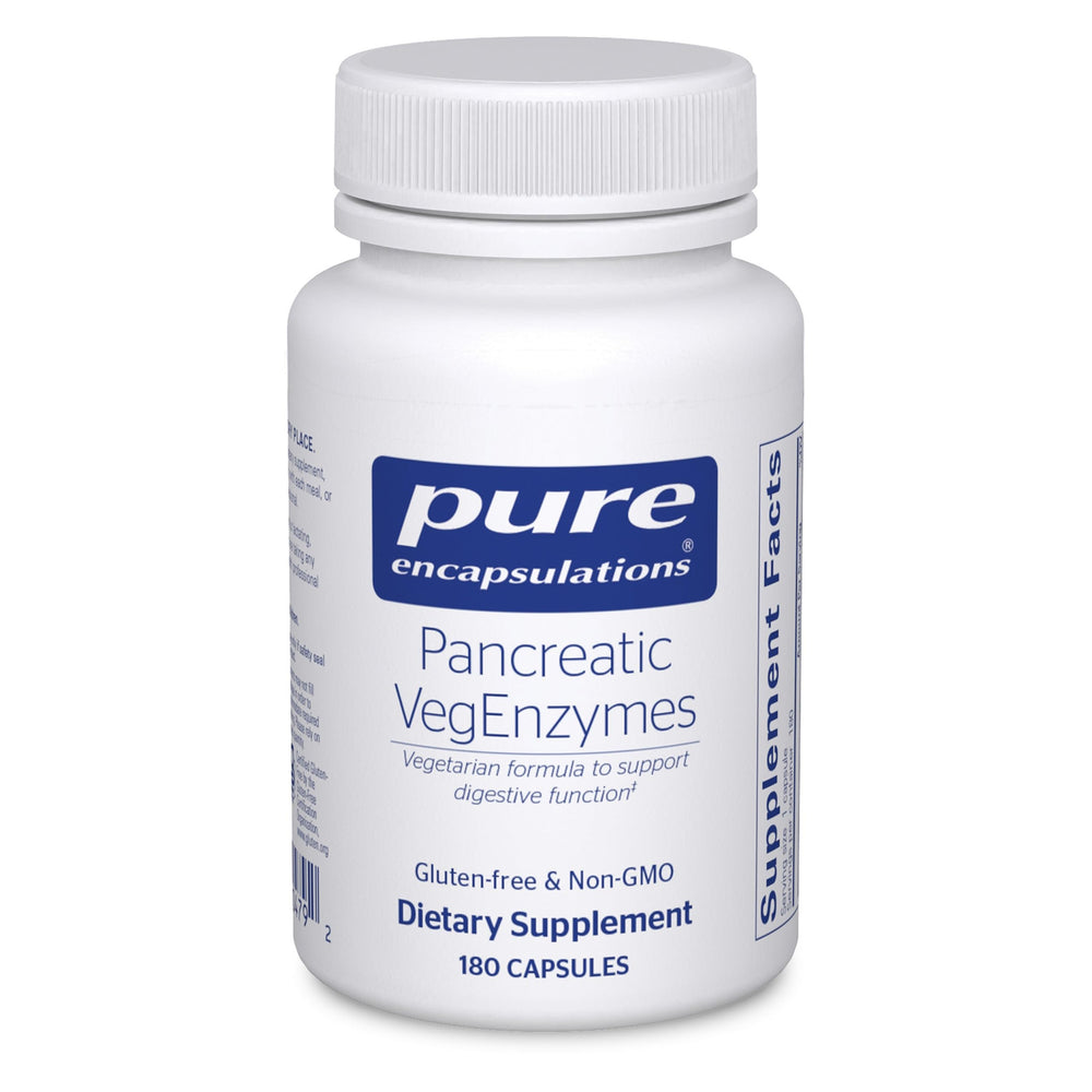 Pure Encapsulations Pancreatic VegEnzymes bottle front highlighting hypoallergenic digestion support.