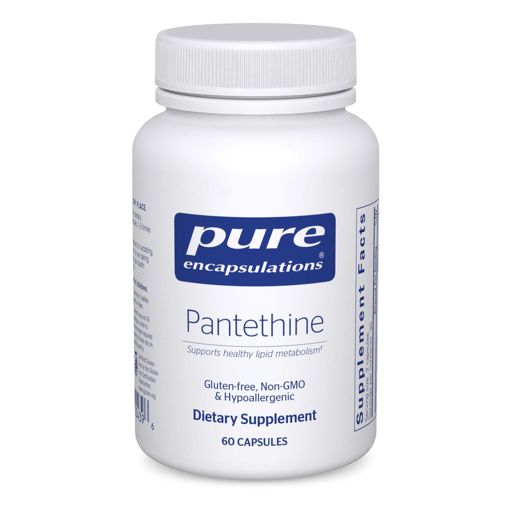 Pure Encapsulations Pantethine bottle emphasizes hypoallergenic formulation for daily lipid-friendly support.