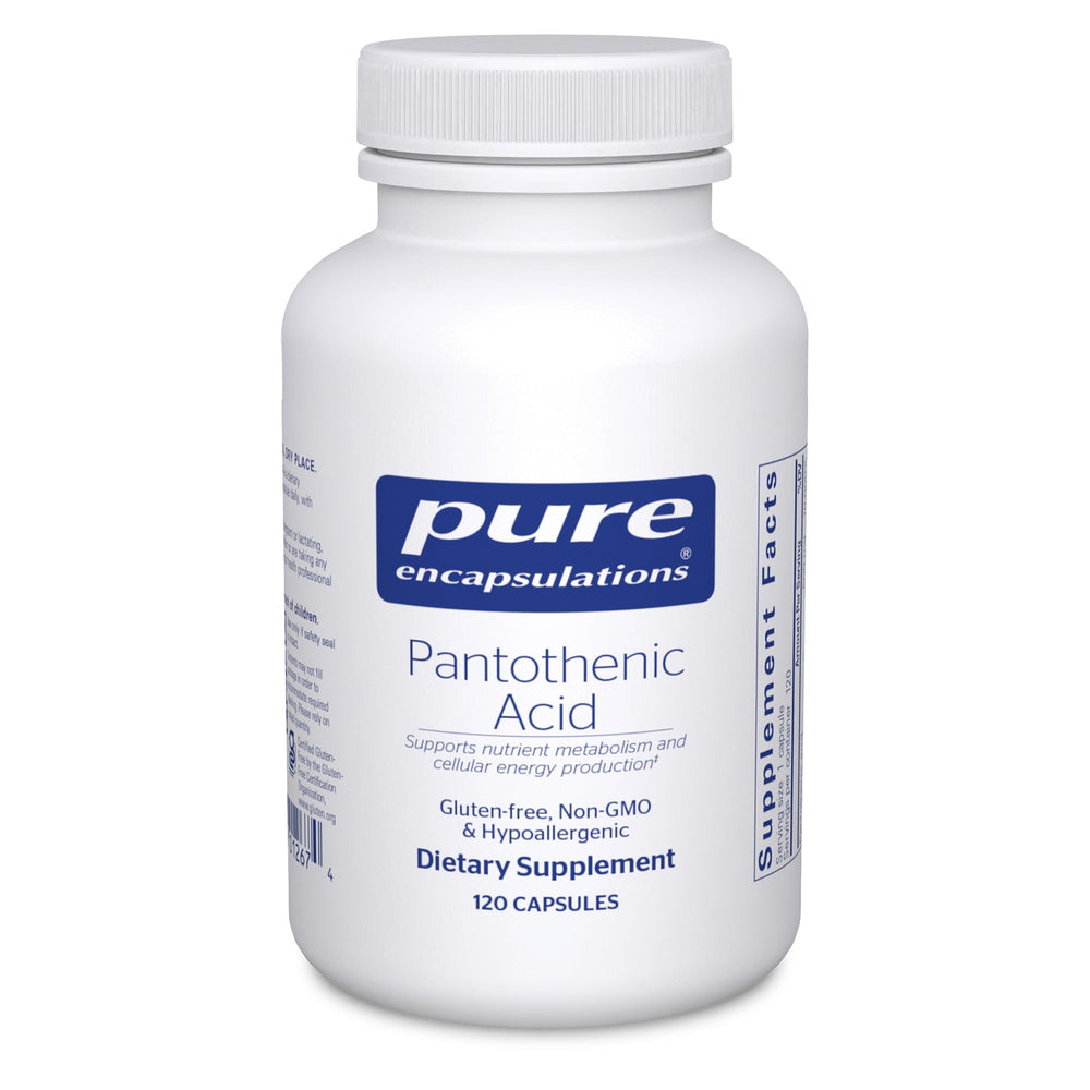 Pure Encapsulations Pantothenic acid bottle promoting energy metabolism.