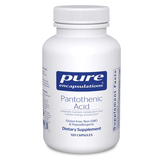 Pure Encapsulations Pantothenic acid bottle promoting energy metabolism.