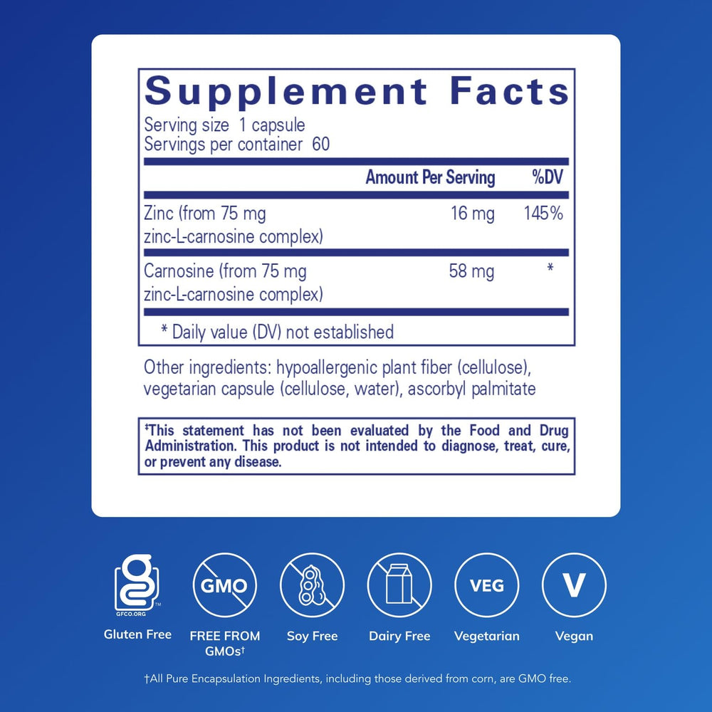Pure Encapsulations Peptic-Care label closeup highlighting zinc-L-carnosine