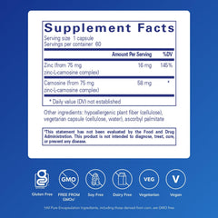 Pure Encapsulations Peptic-Care label closeup highlighting zinc-L-carnosine