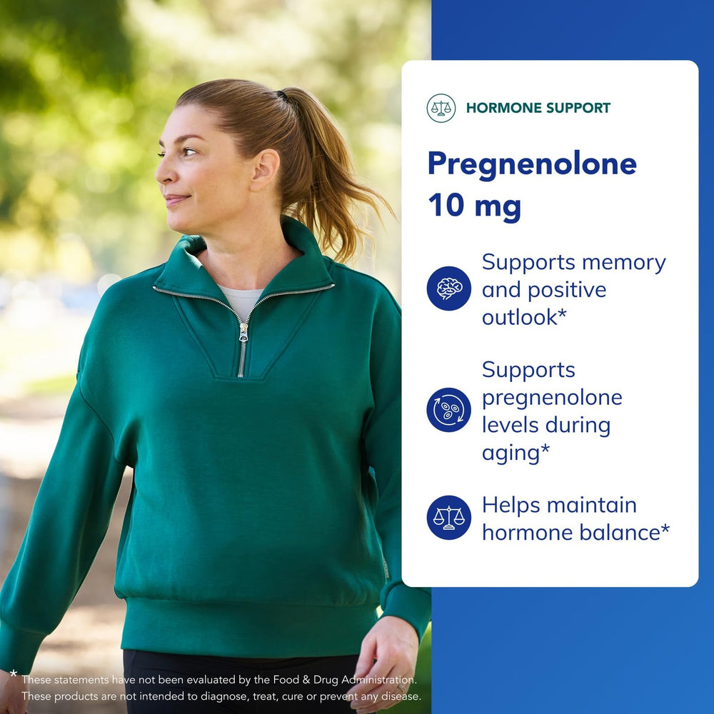 Pure Encapsulations Pregnenolone 10 mg label detail confirms vegan, gluten-free, non-GMO credentials.