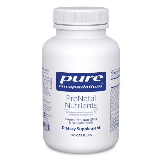 Pure Encapsulations Prenatal Nutrients bottle front for daily prenatal support.