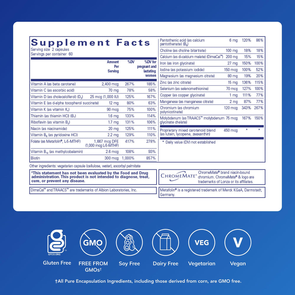 Pure Encapsulations Prenatal Nutrients capsules close-up showing easy-to-swallow form.