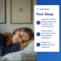 Packaging label for Pure Sleep highlights gluten-free and hypoallergenic formula.
