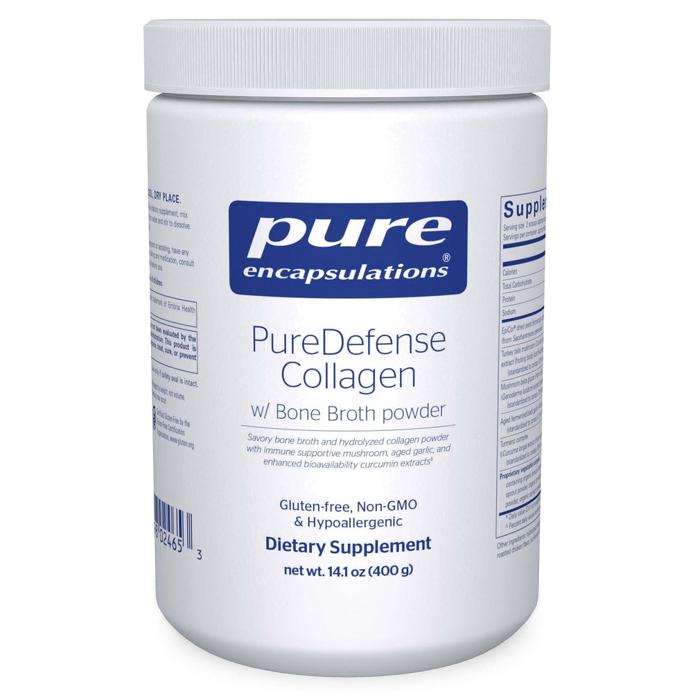 Pure Encapsulations PureDefense collagen bottle highlighting bone broth blend for joint and immune support