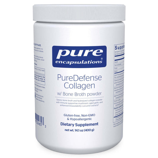 Pure Encapsulations PureDefense collagen bottle highlighting bone broth blend for joint and immune support