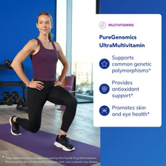 Label closeup of PureGenomics UltraMultivitamin showing ingredient highlights and purity commitments.