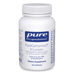 Pure Genomics B-Complex bottle front showing broad B vitamin support for energy