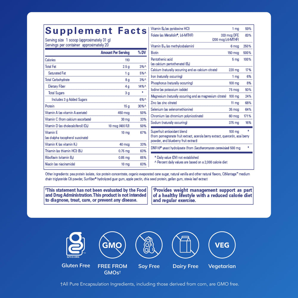 Pure Encapsulations PureLean Protein bottle pour showing protein powder for shakes