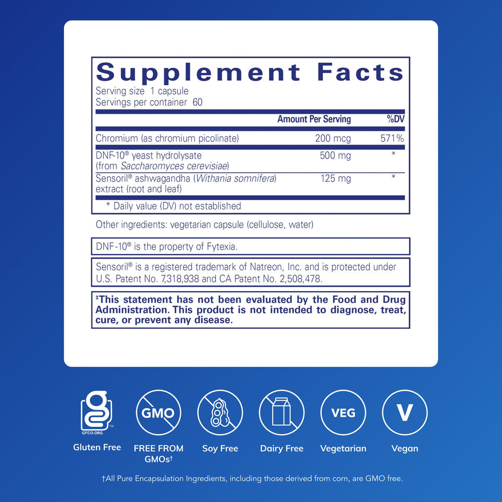 Pure Encapsulations PureLean Satiety bottle label close-up highlights gluten-free, non-GMO formula.