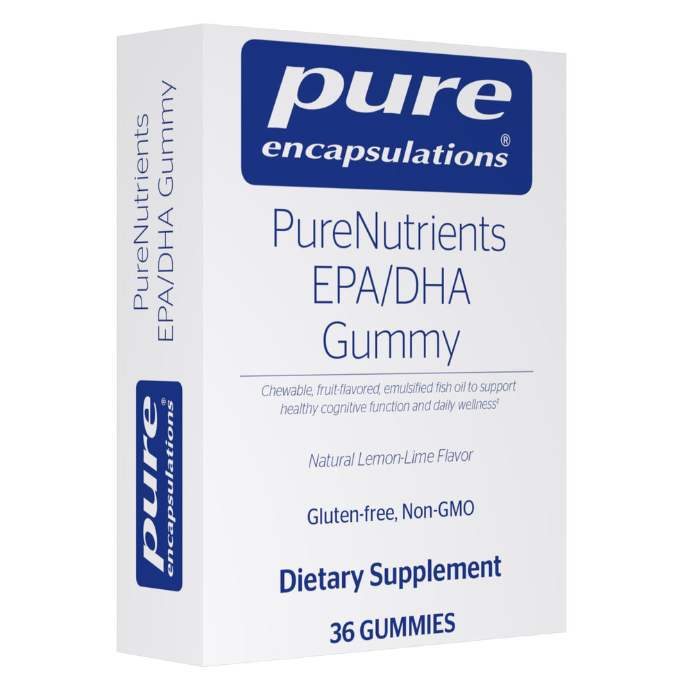 Pure Encapsulations PureNutrients EPA/DHA gummy bottle with lemon-lime flavor supporting cognitive health