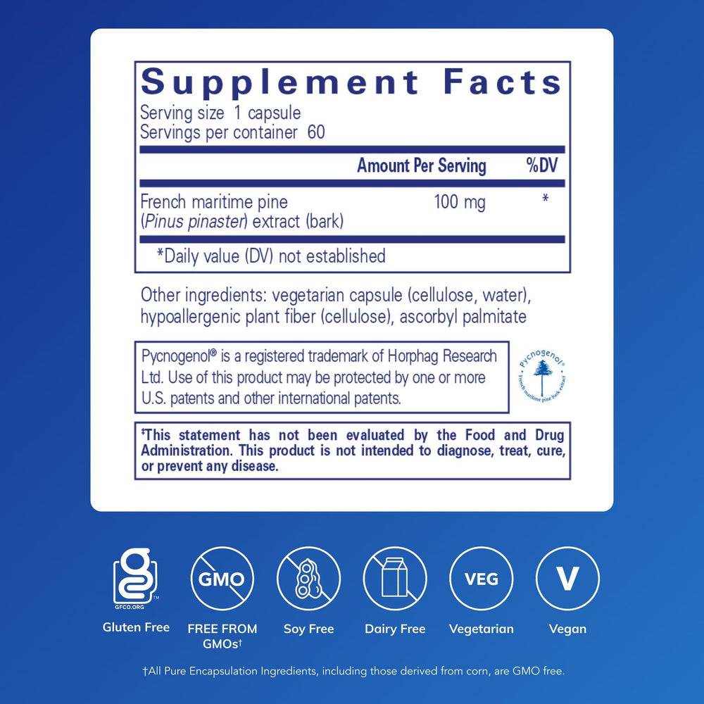 Pycnogenol capsules close-up highlights hypoallergenic formulation.