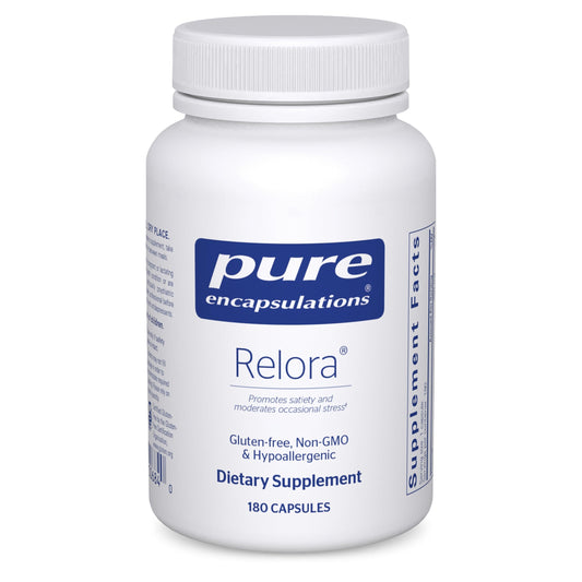 Pure Encapsulations Relora bottle front promotes calmness and occasional stress support.