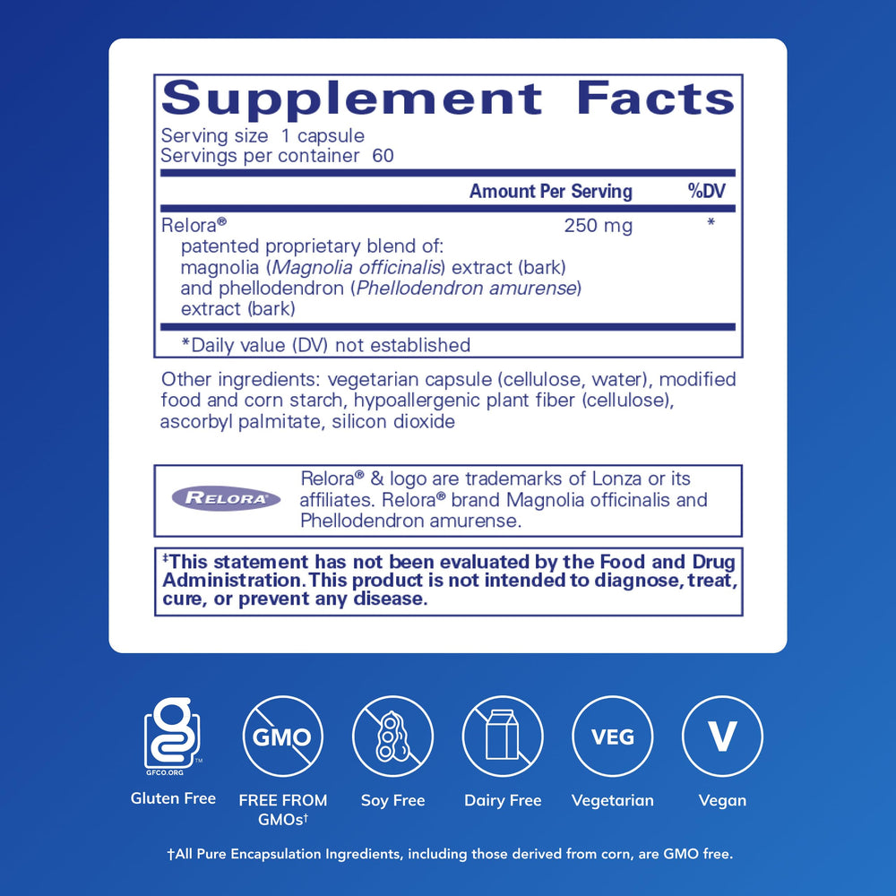 Relora capsules close-up showing plant-based stress support formula.