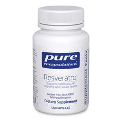 Pure Encapsulations Resveratrol bottle front promoting antioxidant support.