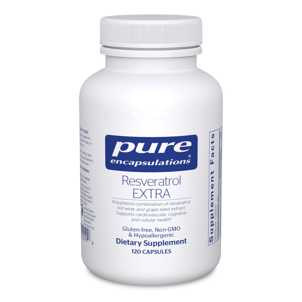 Pure Encapsulations Resveratrol EXTRA bottle shown for antioxidant support