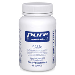 Pure Encapsulations SAMe bottle label shows gluten-free formula.
