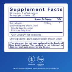 Pure Encapsulations Saw Palmetto 320 label closeup highlighting premium ingredients.