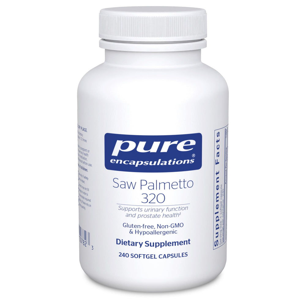 Pure Encapsulations Saw Palmetto 320 softgel bottle promotes urinary support.