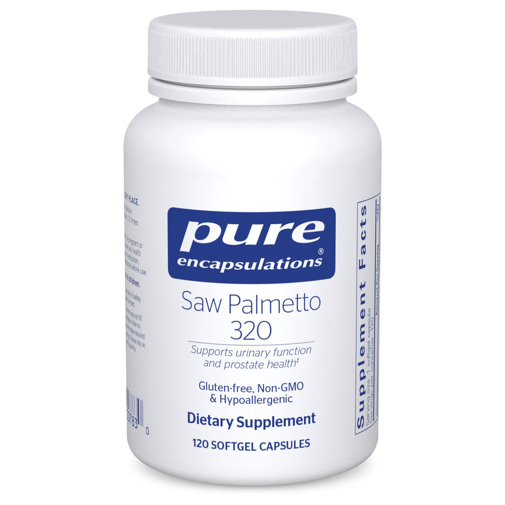 Pure Encapsulations Saw Palmetto 320 softgel bottle on shelf for daily support.