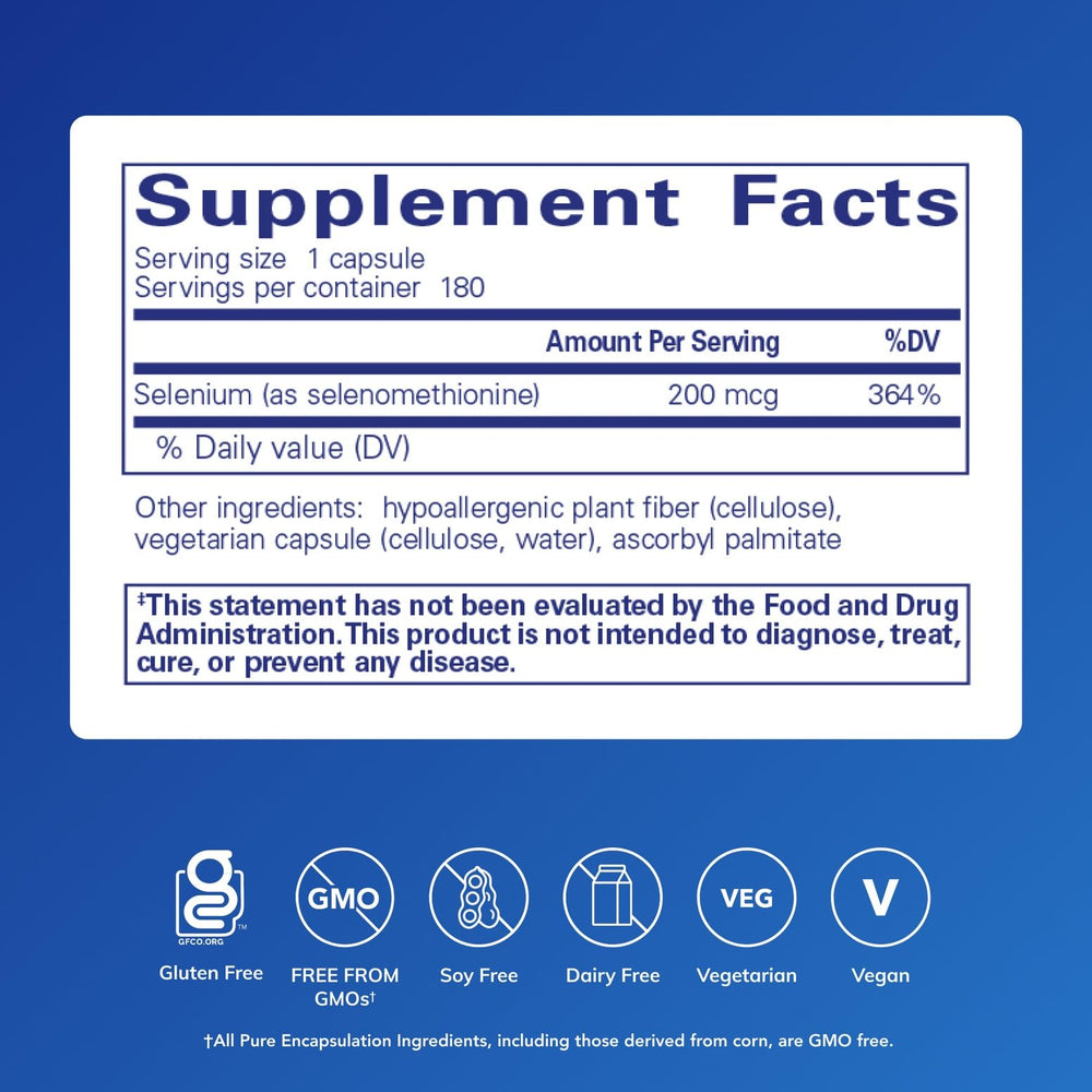 Pure Encapsulations Selenium capsules closeup shows vegan formulation for daily use.