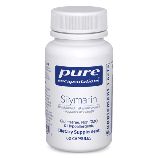 Pure Encapsulations Silymarin bottle close-up illustrating liver support benefits