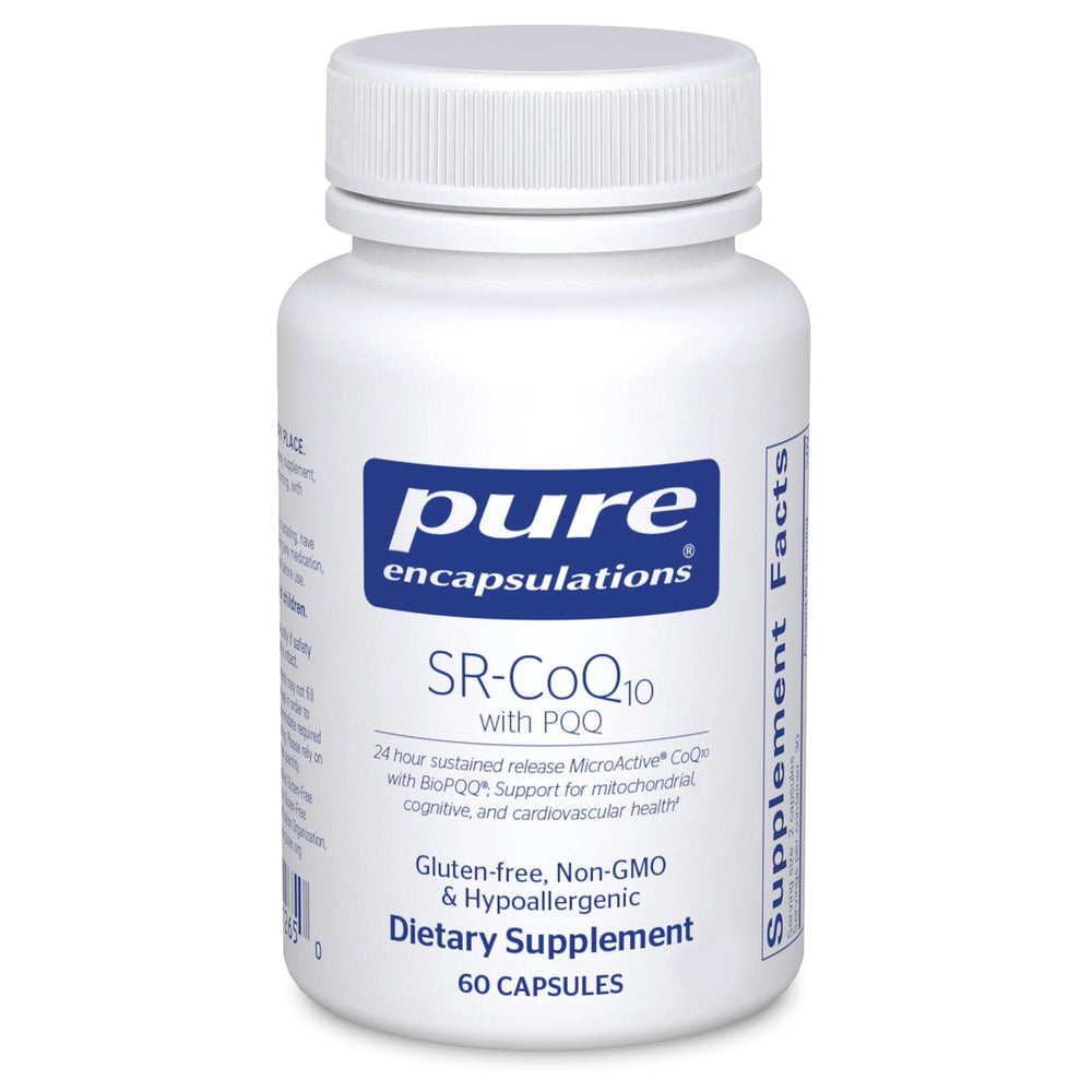 Pure Encapsulations SR-CoQ10 with PQQ bottle showing sustained release for daily heart support