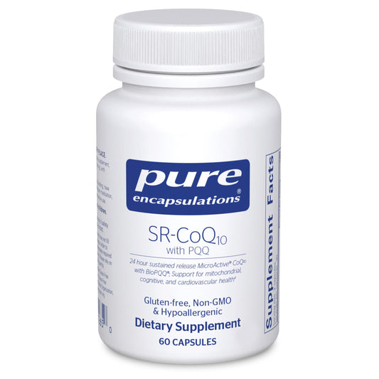 Pure Encapsulations SR-CoQ10 with PQQ bottle showing sustained release for daily heart support
