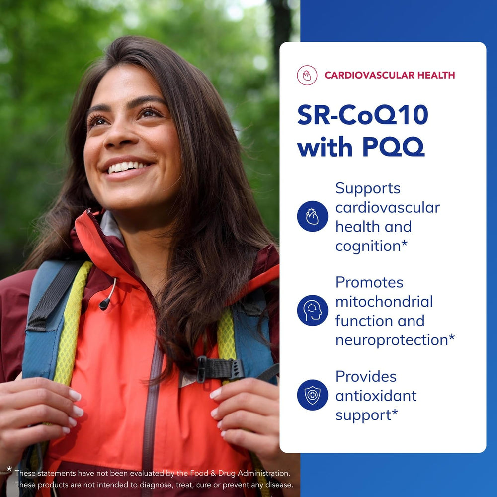 SR-CoQ10 with PQQ label highlighting gluten-free, vegetarian, and non-GMO formulation