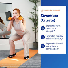 Bottle pouring Strontium Citrate capsules illustrating convenient supplementation.