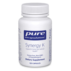 Pure Encapsulations Synergy K bottle featuring vitamins K1, K2, and D3 for bone support.