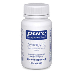 Pure Encapsulations Synergy K bottle displaying the bone support vitamin blend.