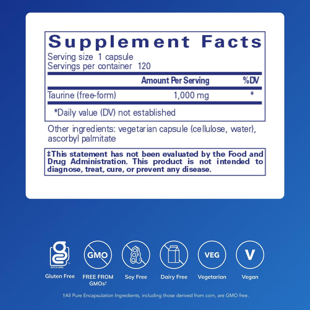 Pure Encapsulations Taurine capsules close-up may support nervous system and vision