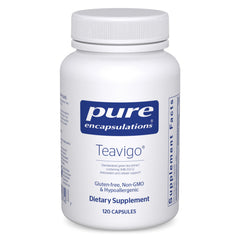 Pure Encapsulations Teavigo bottle label highlights 94% EGCG antioxidant support.
