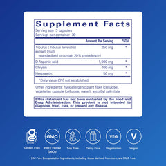 Back of Pure Encapsulations Tribulus Formula bottle highlighting clean labeling and purity.