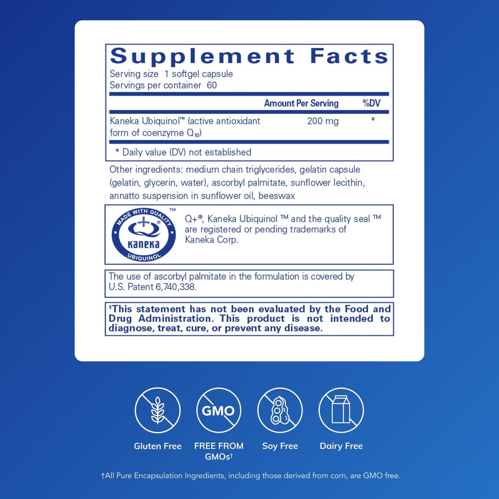Pure Encapsulations Ubiquinol-QH 200 mg canister label closeup for cellular energy support