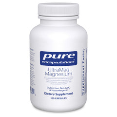 Pure Encapsulations UltraMag bottle front view showing label and dosage for daily bone and muscle support.