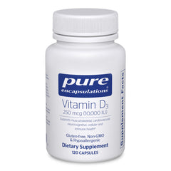 Pure Encapsulations Vitamin D3 bottle closeup highlighting high-potency formulation.