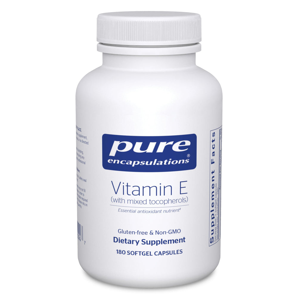 Pure Encapsulations Vitamin E bottle front highlighting mixed tocopherols for antioxidant support.