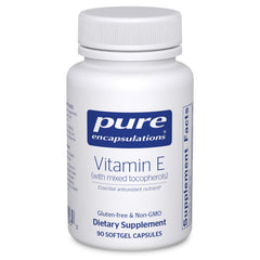 Pure Encapsulations Vitamin E bottle with mixed tocopherols for antioxidant support.