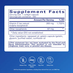 Pure Encapsulations Vitamin E softgels show mixed tocopherols for daily antioxidant support.