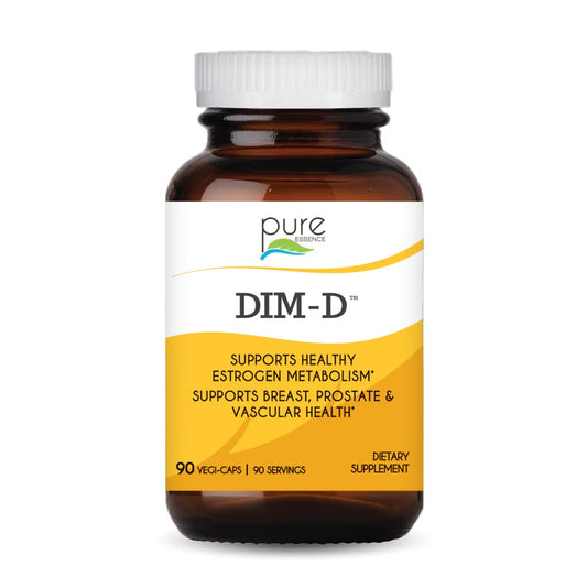 Pure Essence Dim D bottle with capsules promoting estrogen balance in daily routine.