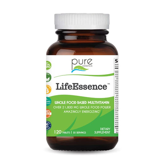 LifeEssence bottle front with vegan multivitamin packaging for daily vitality.