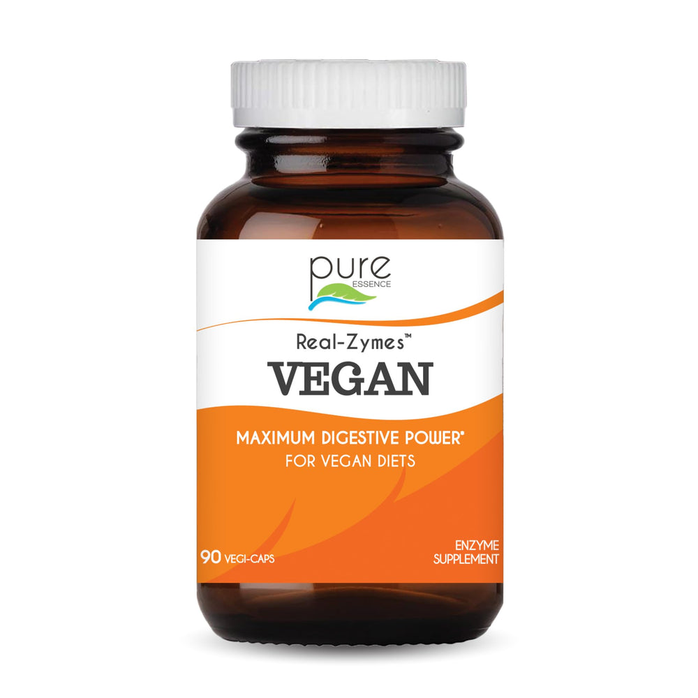 Pure Essence Labs Real-Zymes bottle shows vegan digestive enzymes for daily digestion support