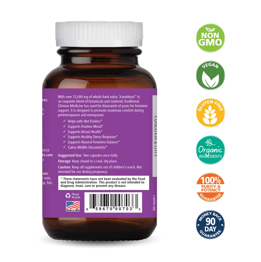 Pure Essence Labs Transitions bottle label close-up highlighting the herbal blend for hormonal balance.